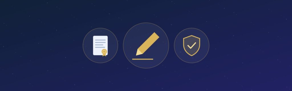 Illustration for the copyright lawyer page: a pen with a document with a seal and a shield with a check mark